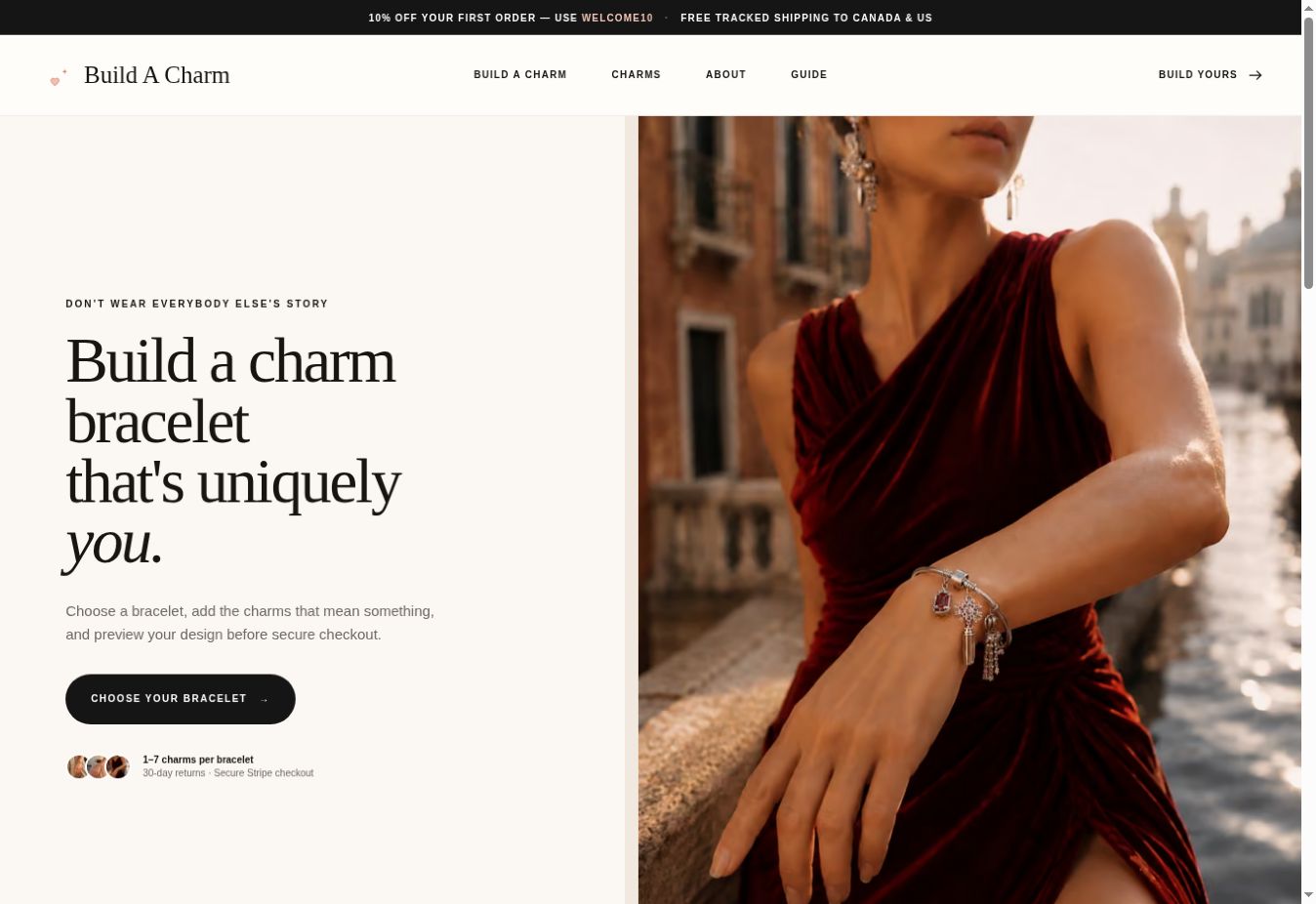 Build A Charm website homepage showing its navigation and bracelet builder introduction