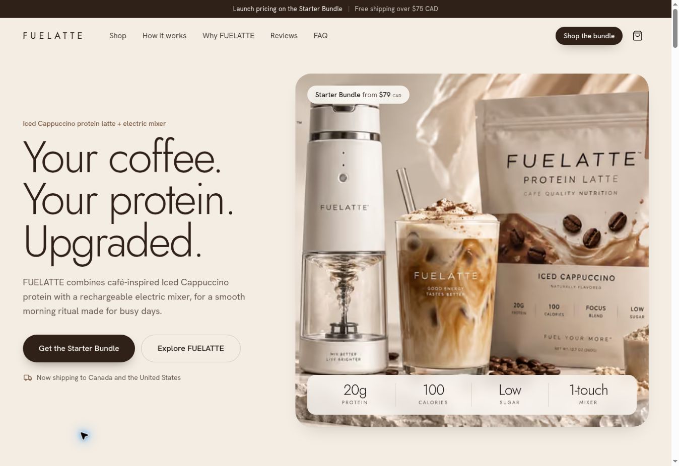 FUELATTE website homepage showing its navigation, headline and product layout